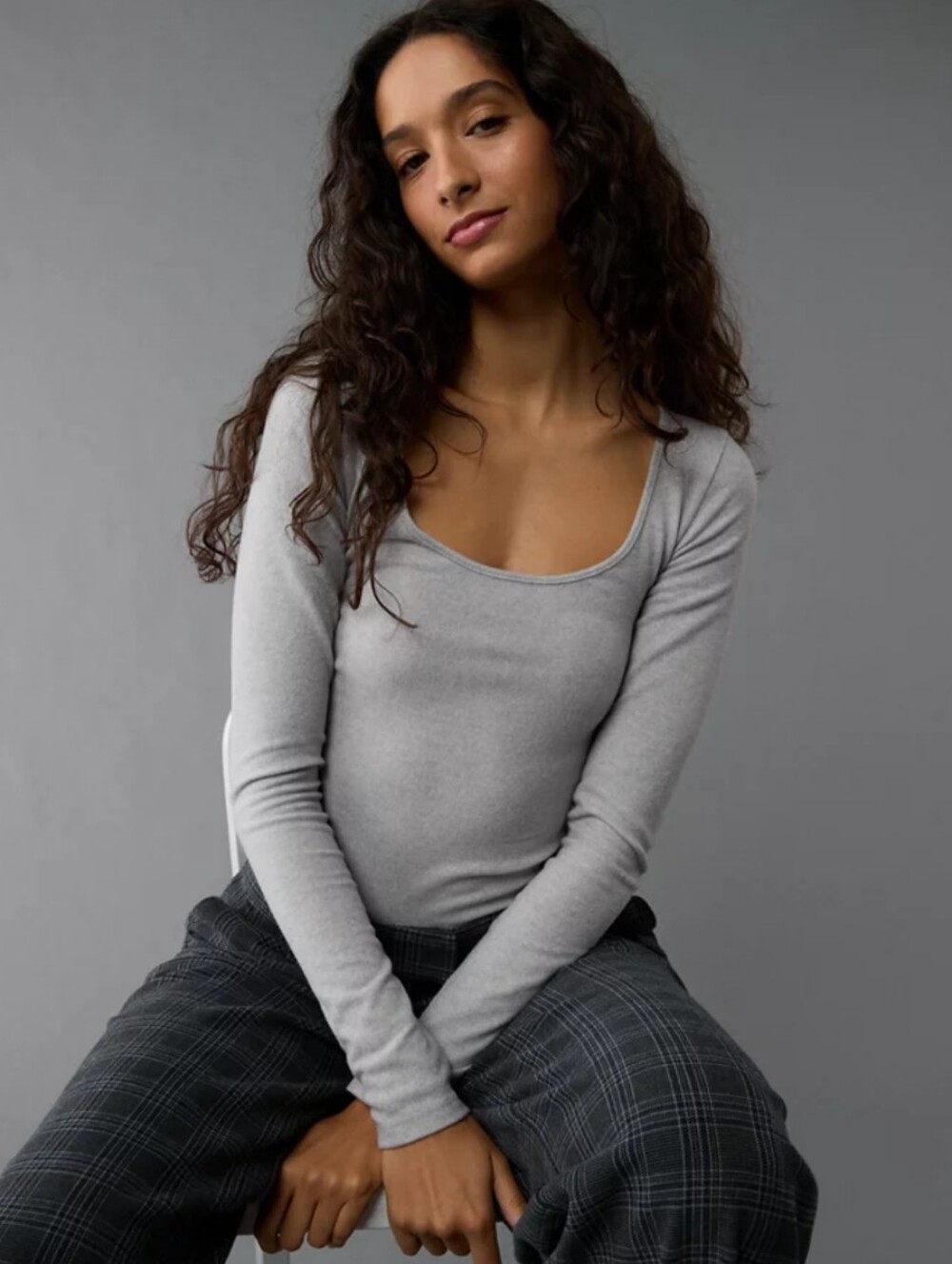 American Eagle Gray Plush Long Sleeve Scoop Neck Bodysuit